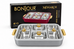 Bonjour Monarch Insulated Stainless Steel Chafing Dish with 2.5L Corner Containers & 1.5L Centre Containers, Glass Lids and Gold Finish Handles-Grey