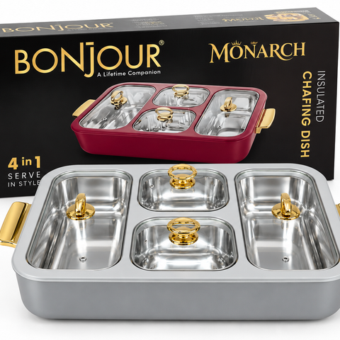 Bonjour Monarch Insulated Stainless Steel Chafing Dish with 2.5L Corner Containers & 1.5L Centre Containers, Glass Lids and Gold Finish Handles-Grey