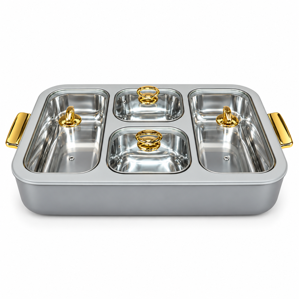 Bonjour Monarch Insulated Stainless Steel Chafing Dish with 2.5L Corner Containers & 1.5L Centre Containers, Glass Lids and Gold Finish Handles-Grey