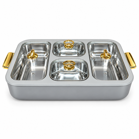 Bonjour Monarch Insulated Stainless Steel Chafing Dish with 2.5L Corner Containers & 1.5L Centre Containers, Glass Lids and Gold Finish Handles-Grey
