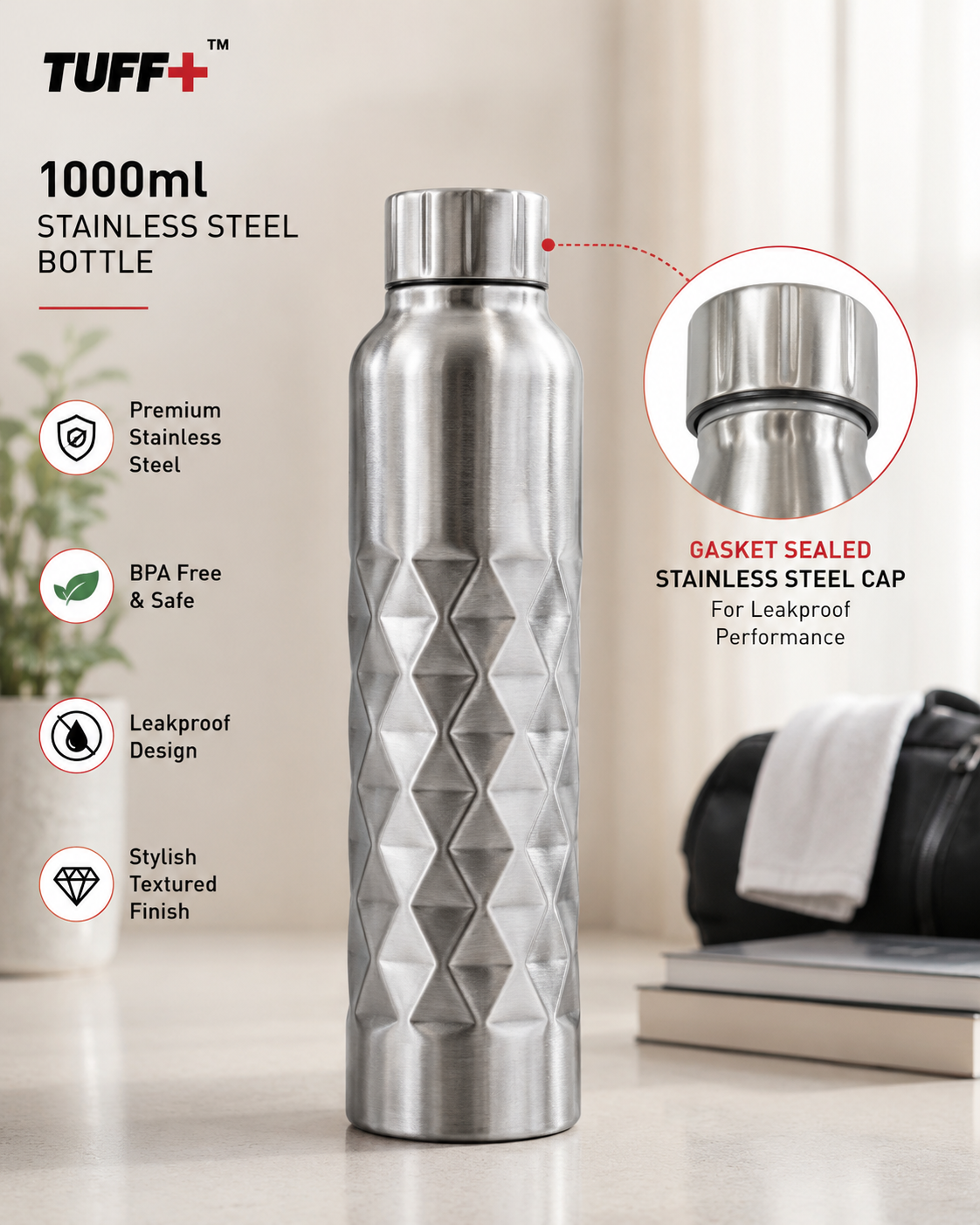 Tuff+ 1000ml Stainless Steel Water Bottle | Leakproof Gasket Sealed Steel Cap | Premium Fridge Bottle for Hot & Cold Water | BPA Free Reusable Bottle