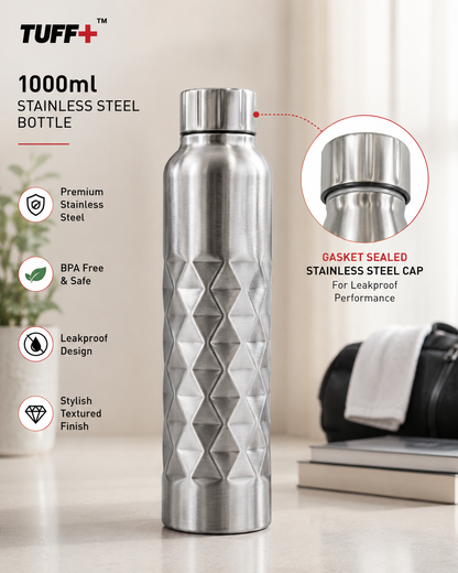 Tuff+ 1000ml Stainless Steel Water Bottle | Leakproof Gasket Sealed Steel Cap | Premium Fridge Bottle for Hot & Cold Water | BPA Free Reusable Bottle