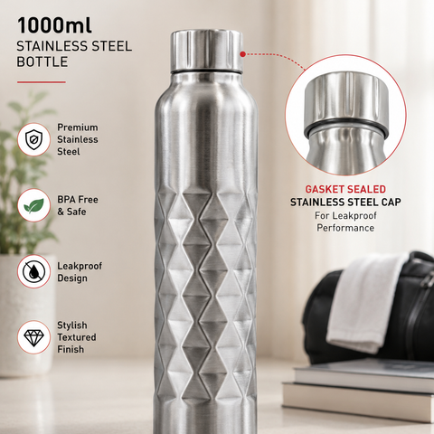 Tuff+ 1000ml Stainless Steel Water Bottle | Leakproof Gasket Sealed Steel Cap | Premium Fridge Bottle for Hot & Cold Water | BPA Free Reusable Bottle
