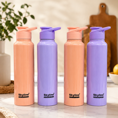 Skyline Stainless Steel Water Bottle Set of 4 | BPA Free Leakproof Fridge Bottles | Reusable Insulated Steel Bottles for Home, Office, School & Gym | Peach & Lavender Color Combo