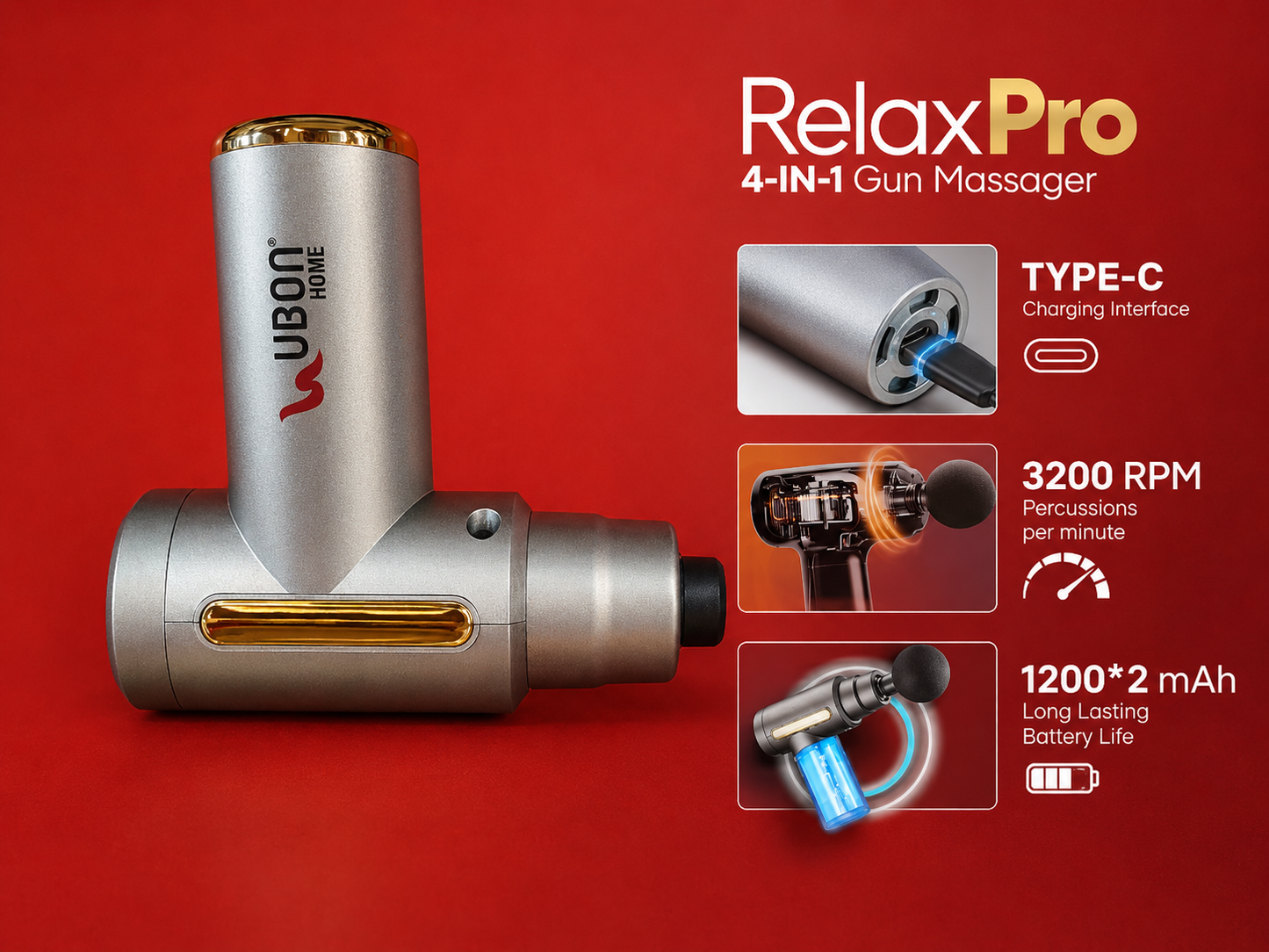 UBON Home RelaxPro GM-2105 4-in-1 Mini Massage Gun | 6 Speed Modes | 3200 RPM Deep Tissue Massager | Type-C Fast Charging | 2400mAh Battery | Portable Muscle Recovery Massager | 1 Year Replacement Warranty
