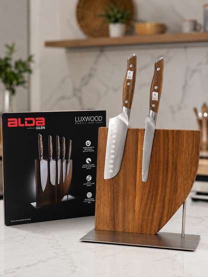ALDA Luxwood Magnetic Knife Stand Holder – Premium Acacia Hardwood Magnetic Knife Block with Stainless Steel Base | Modern Kitchen Knife Organizer (Knives Not Included)