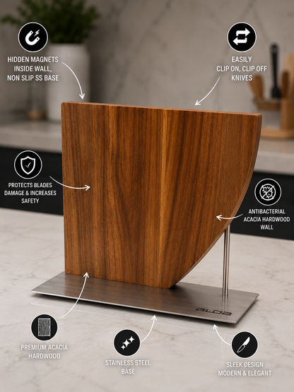 ALDA Luxwood Magnetic Knife Stand Holder – Premium Acacia Hardwood Magnetic Knife Block with Stainless Steel Base | Modern Kitchen Knife Organizer (Knives Not Included)