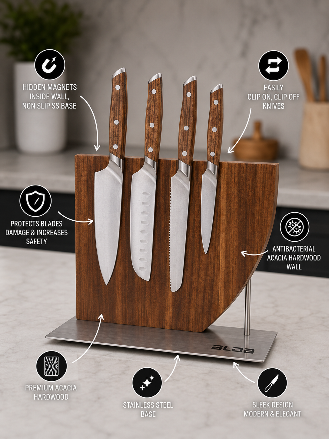 ALDA Luxwood Magnetic Knife Stand Holder – Premium Acacia Hardwood Magnetic Knife Block with Stainless Steel Base | Modern Kitchen Knife Organizer (Knives Not Included)