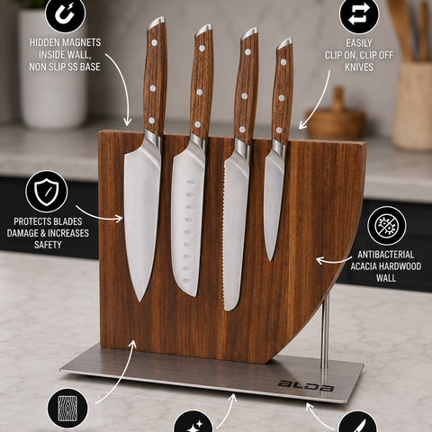 ALDA Luxwood Magnetic Knife Stand Holder – Premium Acacia Hardwood Magnetic Knife Block with Stainless Steel Base | Modern Kitchen Knife Organizer (Knives Not Included)