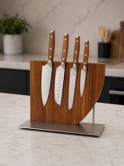 ALDA Luxwood Magnetic Knife Stand Holder – Premium Acacia Hardwood Magnetic Knife Block with Stainless Steel Base | Modern Kitchen Knife Organizer (Knives Not Included)