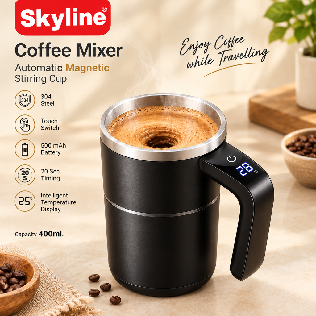 Skyline CM-1206 Automatic Magnetic Coffee Mixer Mug 400ml with 304 Stainless Steel Inner, Touch Switch, Temperature Display & USB Type-C Charging