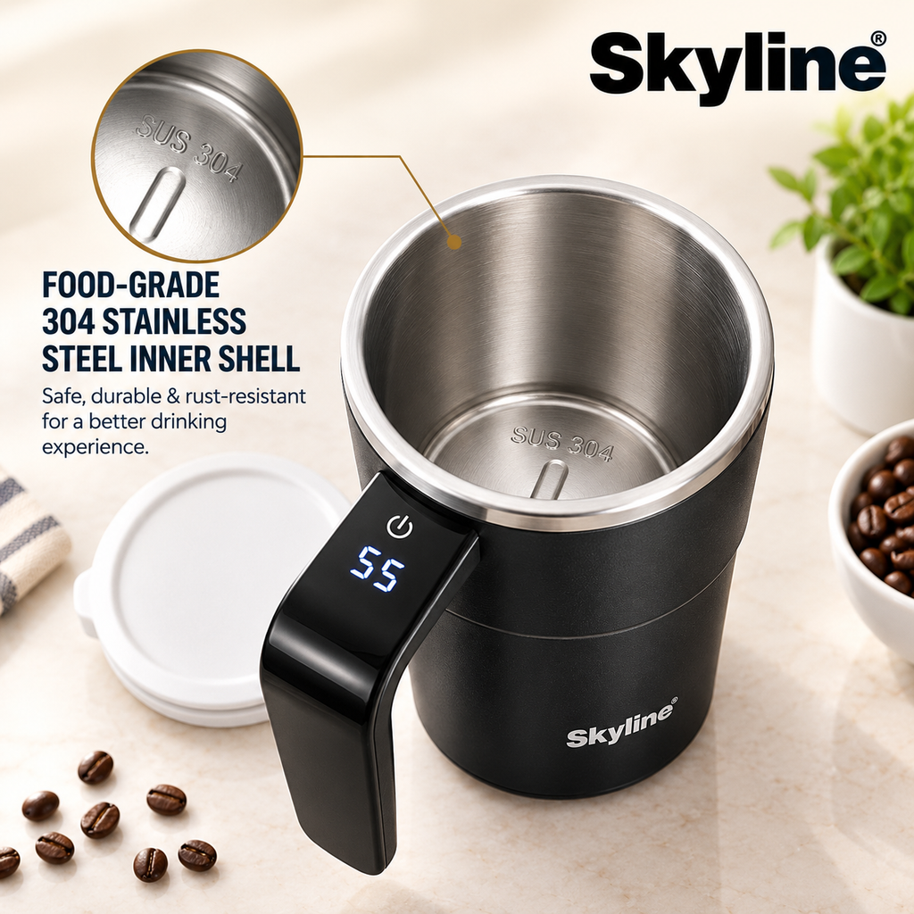 Skyline CM-1206 Automatic Magnetic Coffee Mixer Mug 400ml with 304 Stainless Steel Inner, Touch Switch, Temperature Display & USB Type-C Charging