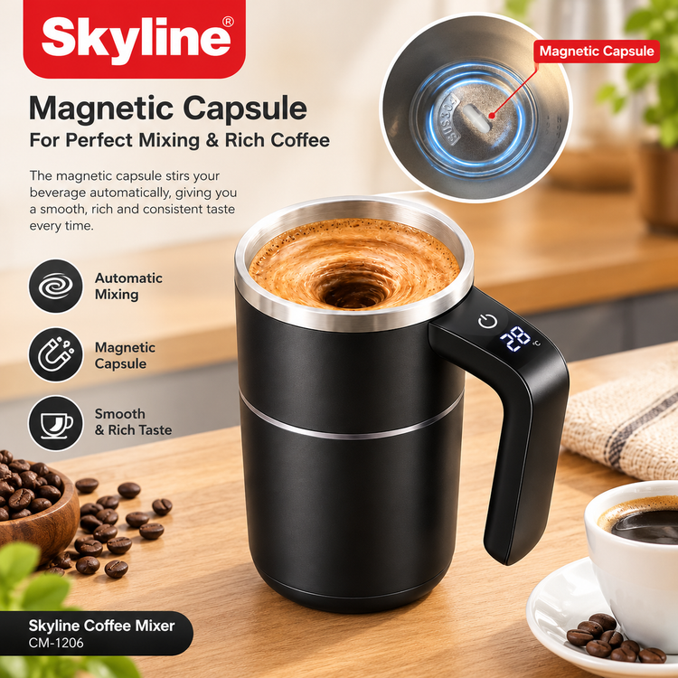 Skyline CM-1206 Automatic Magnetic Coffee Mixer Mug 400ml with 304 Stainless Steel Inner, Touch Switch, Temperature Display & USB Type-C Charging
