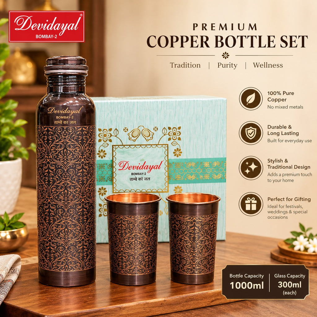 Devidayal Hammered Copper Bottle Set 1000ml with 2 Copper Glasses 300ml Each | Designer Black & Gold Copper Water Bottle Gift Set