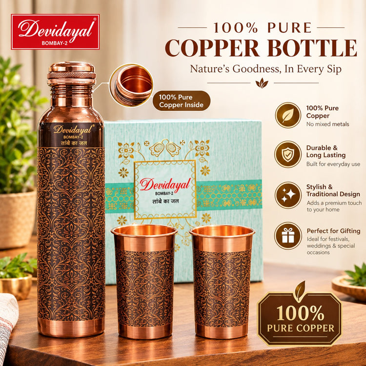 Devidayal Hammered Copper Bottle Set 1000ml with 2 Copper Glasses 300ml Each | Designer Black & Gold Copper Water Bottle Gift Set