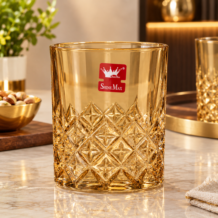 ShineMax 350ml Gold Tinted Crystal Glass Set of 6 | Diamond Cut Whiskey & Drinking Glasses | Premium Tumbler Glassware for Home, Bar & Gifting