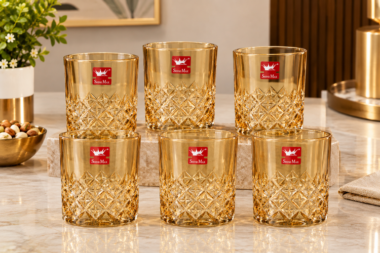 ShineMax 350ml Gold Tinted Crystal Glass Set of 6 | Diamond Cut Whiskey & Drinking Glasses | Premium Tumbler Glassware for Home, Bar & Gifting