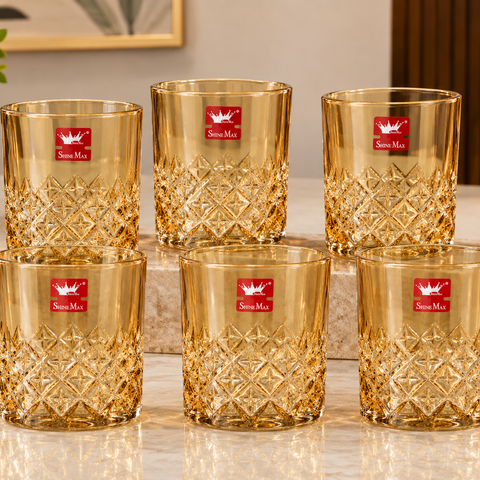 ShineMax 350ml Gold Tinted Crystal Glass Set of 6 | Diamond Cut Whiskey & Drinking Glasses | Premium Tumbler Glassware for Home, Bar & Gifting