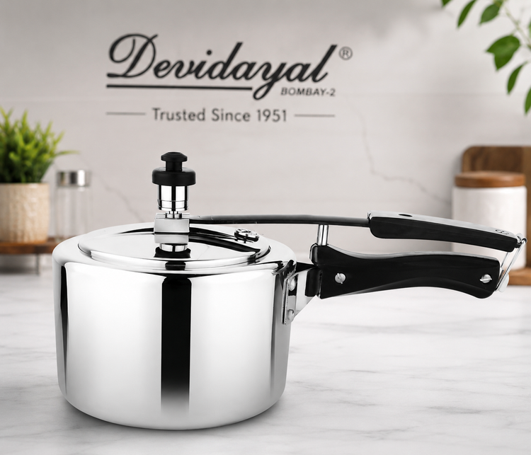 Devidayal 5 Litre Triply Stainless Steel Pressure Cooker | Induction & Gas Compatible | Heavy Gauge Tri-Ply Construction | ISI Certified | Classic Shape | 5 Years Warranty