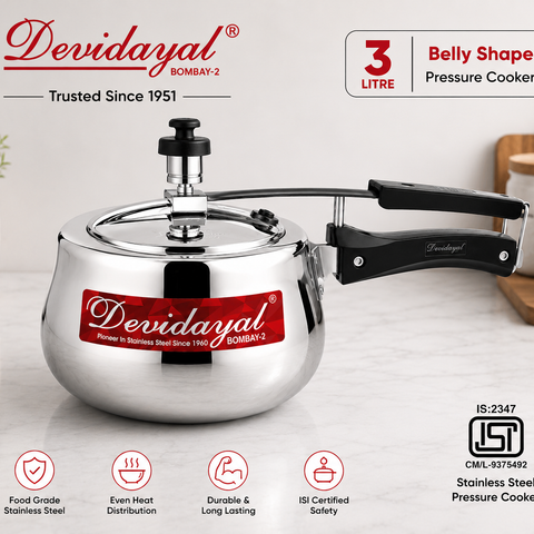Devidayal 3 Litre Triply Stainless Steel Handi Pressure Cooker | Induction & Gas Compatible | Heavy Gauge Tri-Ply Construction | ISI Certified | Belly Shape | 5 Years Warranty