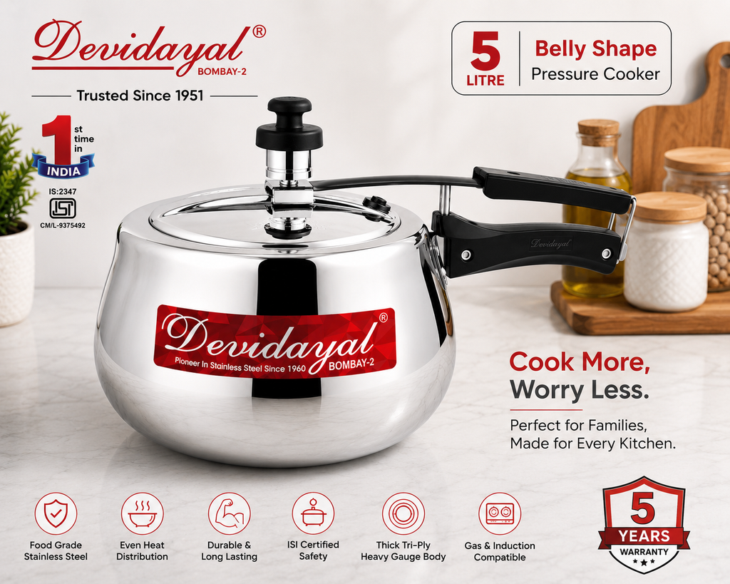 Devidayal 5 Litre Triply Stainless Steel Handi Pressure Cooker | Induction & Gas Compatible | Heavy Gauge Tri-Ply Construction | ISI Certified | Belly Shape | 5 Years Warranty