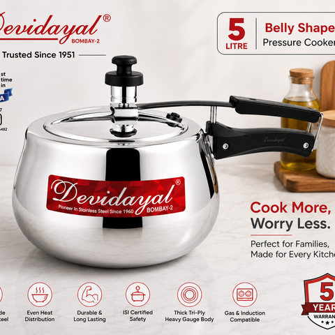 Devidayal 5 Litre Triply Stainless Steel Handi Pressure Cooker | Induction & Gas Compatible | Heavy Gauge Tri-Ply Construction | ISI Certified | Belly Shape | 5 Years Warranty