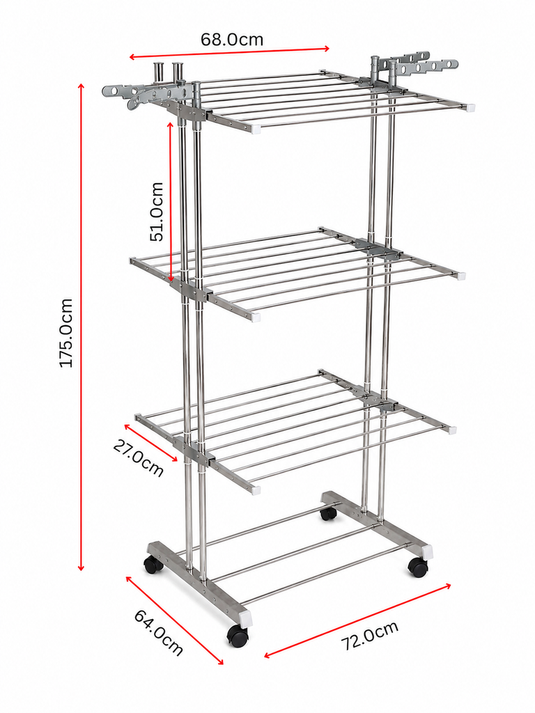 3 Tier Stainless Steel Foldable Clothes Drying Stand with Wheels | Heavy Duty Laundry Drying Rack | Multi-Layer Garment Dryer for Indoor & Outdoor Use | Rust Resistant Cloth Stand