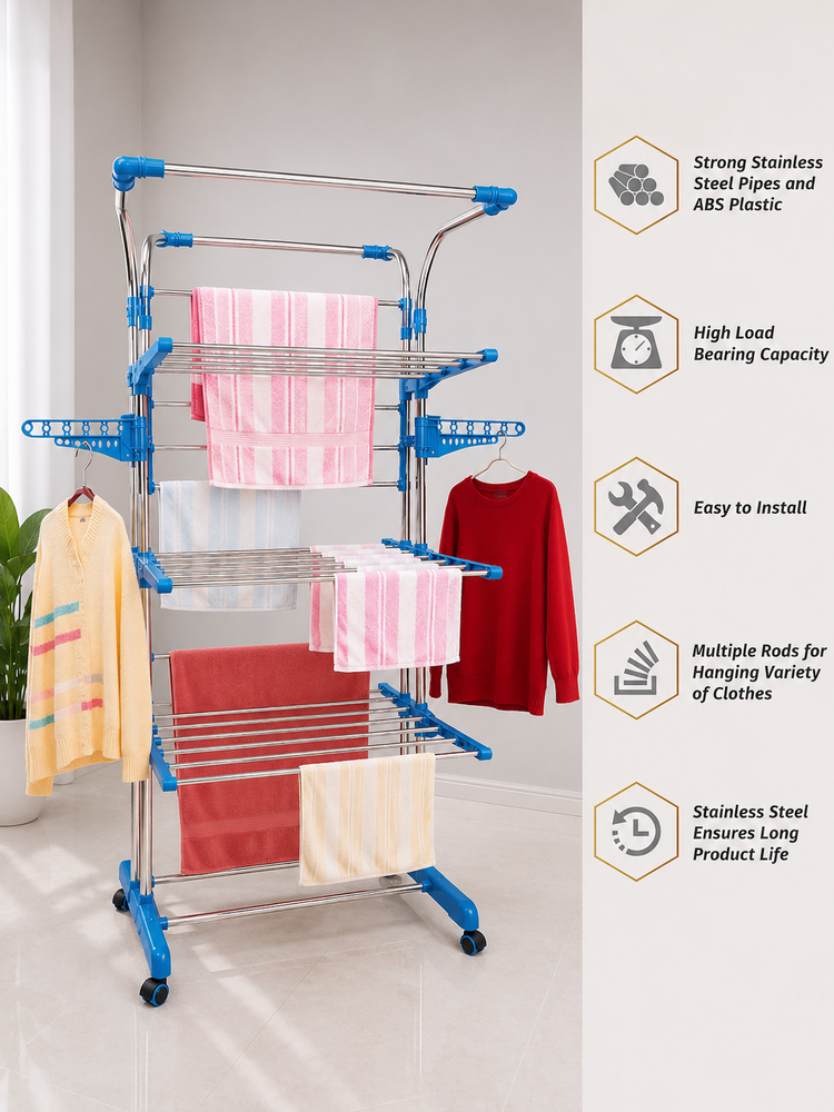 3 Tier Stainless Steel Foldable Clothes Drying Stand with Wheels | Heavy Duty Movable Laundry Drying Rack | 38 Rods, 6 Foldable Wings, 7 Hanger Slots | Indoor & Outdoor Cloth Stand