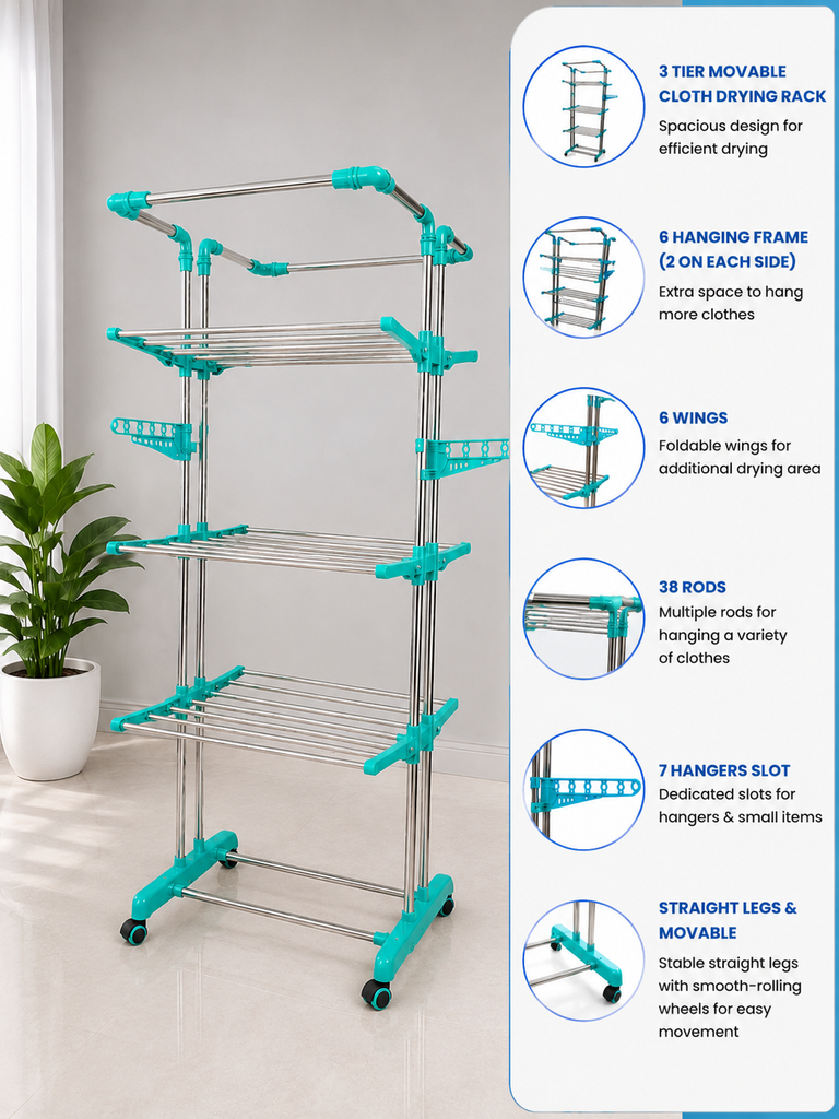 3 Tier Stainless Steel Foldable Clothes Drying Stand with Wheels | Heavy Duty Movable Laundry Drying Rack | 38 Rods, 6 Foldable Wings, 7 Hanger Slots | Indoor & Outdoor Cloth Stand
