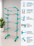 3 Tier Stainless Steel Foldable Clothes Drying Stand with Wheels | Heavy Duty Movable Laundry Drying Rack | 38 Rods, 6 Foldable Wings, 7 Hanger Slots | Indoor & Outdoor Cloth Stand