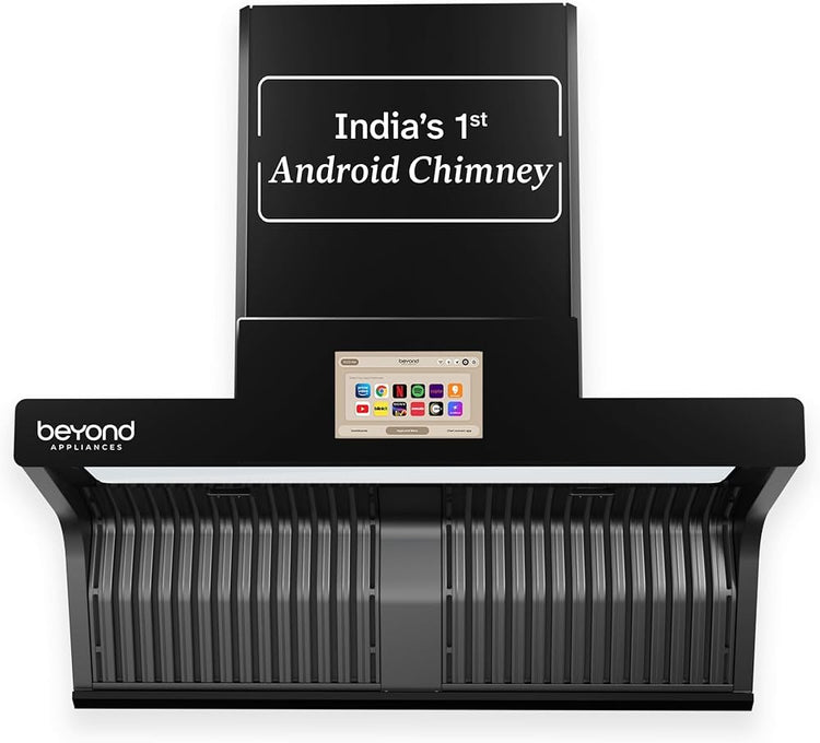 Beyond Appliances Orion 90cm Auto Clean Kitchen Chimney | 1600 CMH Suction | Filterless | Smart Touchscreen Display & Speaker | Baffle Plates | Touch Control | Black Finish.