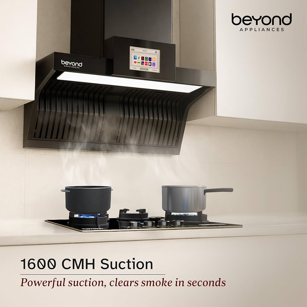 Beyond Appliances Orion 90cm Auto Clean Kitchen Chimney | 1600 CMH Suction | Filterless | Smart Touchscreen Display & Speaker | Baffle Plates | Touch Control | Black Finish.