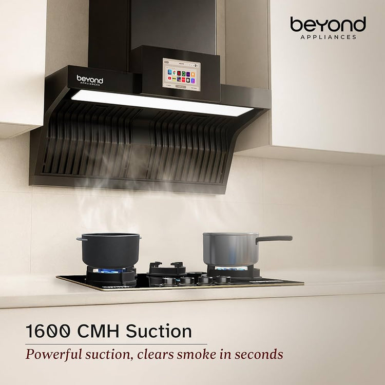 Beyond Appliances Orion 90cm Auto Clean Kitchen Chimney | 1600 CMH Suction | Filterless | Smart Touchscreen Display & Speaker | Baffle Plates | Touch Control | Black Finish.