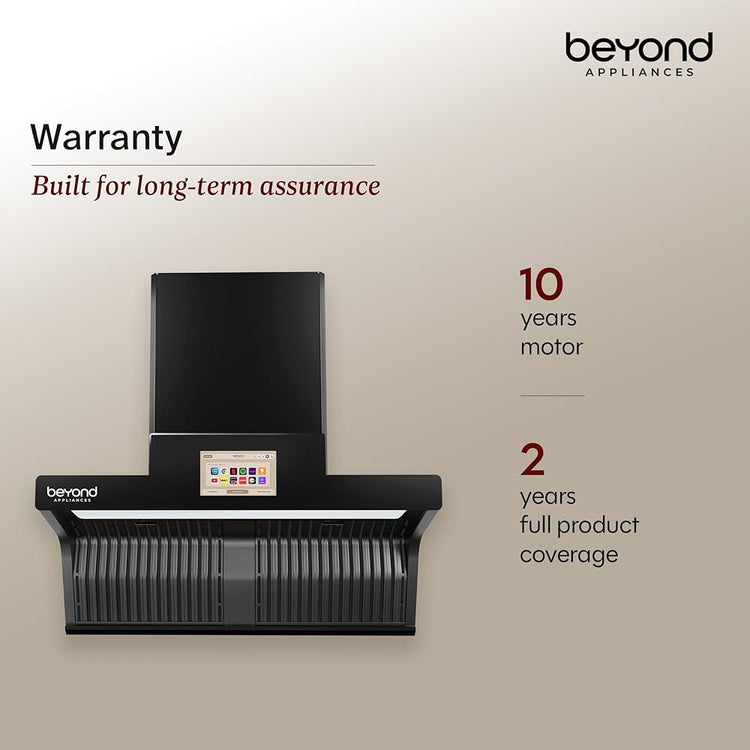 Beyond Appliances Orion 90cm Auto Clean Kitchen Chimney | 1600 CMH Suction | Filterless | Smart Touchscreen Display & Speaker | Baffle Plates | Touch Control | Black Finish.