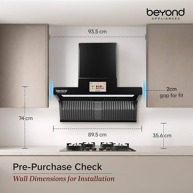 Beyond Appliances Orion 90cm Auto Clean Kitchen Chimney | 1600 CMH Suction | Filterless | Smart Touchscreen Display & Speaker | Baffle Plates | Touch Control | Black Finish.