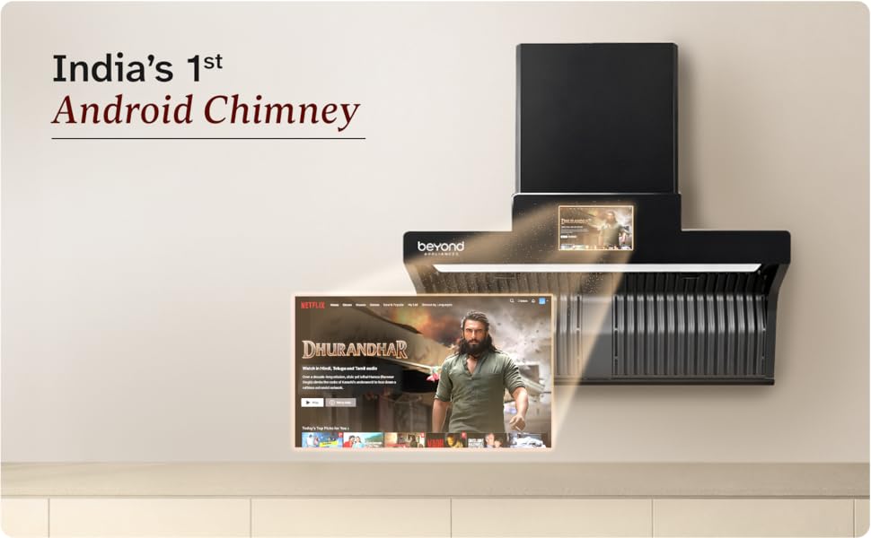 Beyond Appliances Orion 90cm Auto Clean Kitchen Chimney | 1600 CMH Suction | Filterless | Smart Touchscreen Display & Speaker | Baffle Plates | Touch Control | Black Finish.