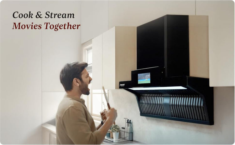 Beyond Appliances Orion 90cm Auto Clean Kitchen Chimney | 1600 CMH Suction | Filterless | Smart Touchscreen Display & Speaker | Baffle Plates | Touch Control | Black Finish.
