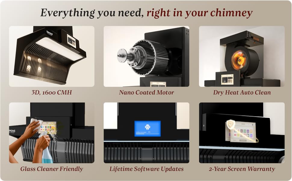 Beyond Appliances Orion 90cm Auto Clean Kitchen Chimney | 1600 CMH Suction | Filterless | Smart Touchscreen Display & Speaker | Baffle Plates | Touch Control | Black Finish.
