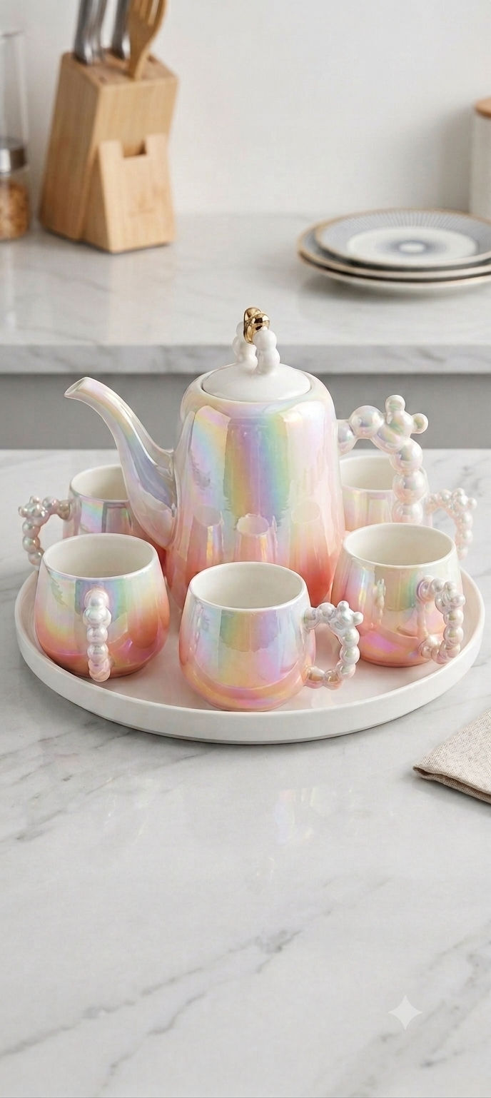 Imported Luxury Ceramic Tea Kettle Set with 6 Cups & 360° Rotating Serving Tray | Premium Iridescent Porcelain Tea Set for Home, Office & Gifting-Pink & White
