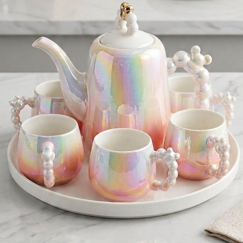 Imported Luxury Ceramic Tea Kettle Set with 6 Cups & 360° Rotating Serving Tray | Premium Iridescent Porcelain Tea Set for Home, Office & Gifting-Pink & White