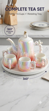 Imported Luxury Ceramic Tea Kettle Set with 6 Cups & 360° Rotating Serving Tray | Premium Iridescent Porcelain Tea Set for Home, Office & Gifting-Pink & White