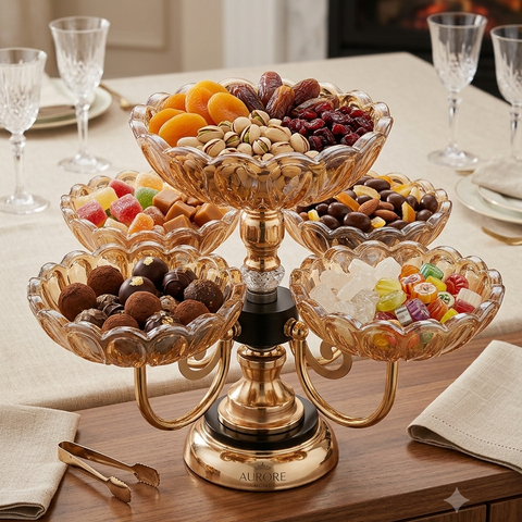 Luxury 5 Bowl Rotating Dry Fruit & Candy Serving Set with Crystal Glass Bowls | Premium Golden Snack Organizer for Dry Fruits, Chocolates, Candies & Nuts