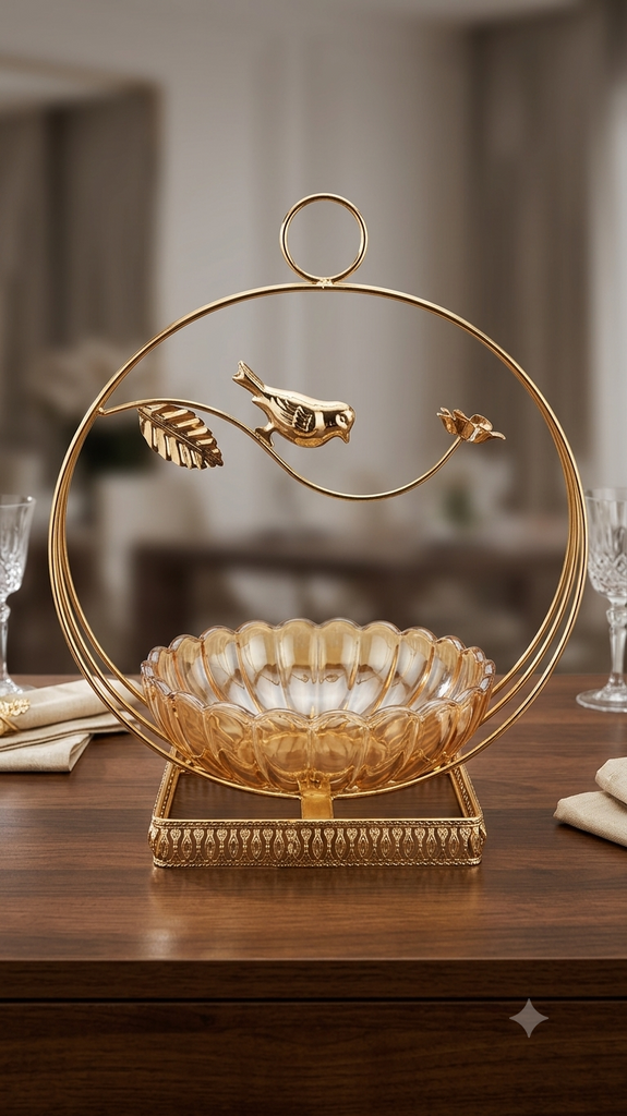 Luxury Golden Bird Dry Fruit Bowl with Crystal Glass Bowl | Decorative Candy, Chocolate & Nut Serving Bowl for Dining Table & Home Decor