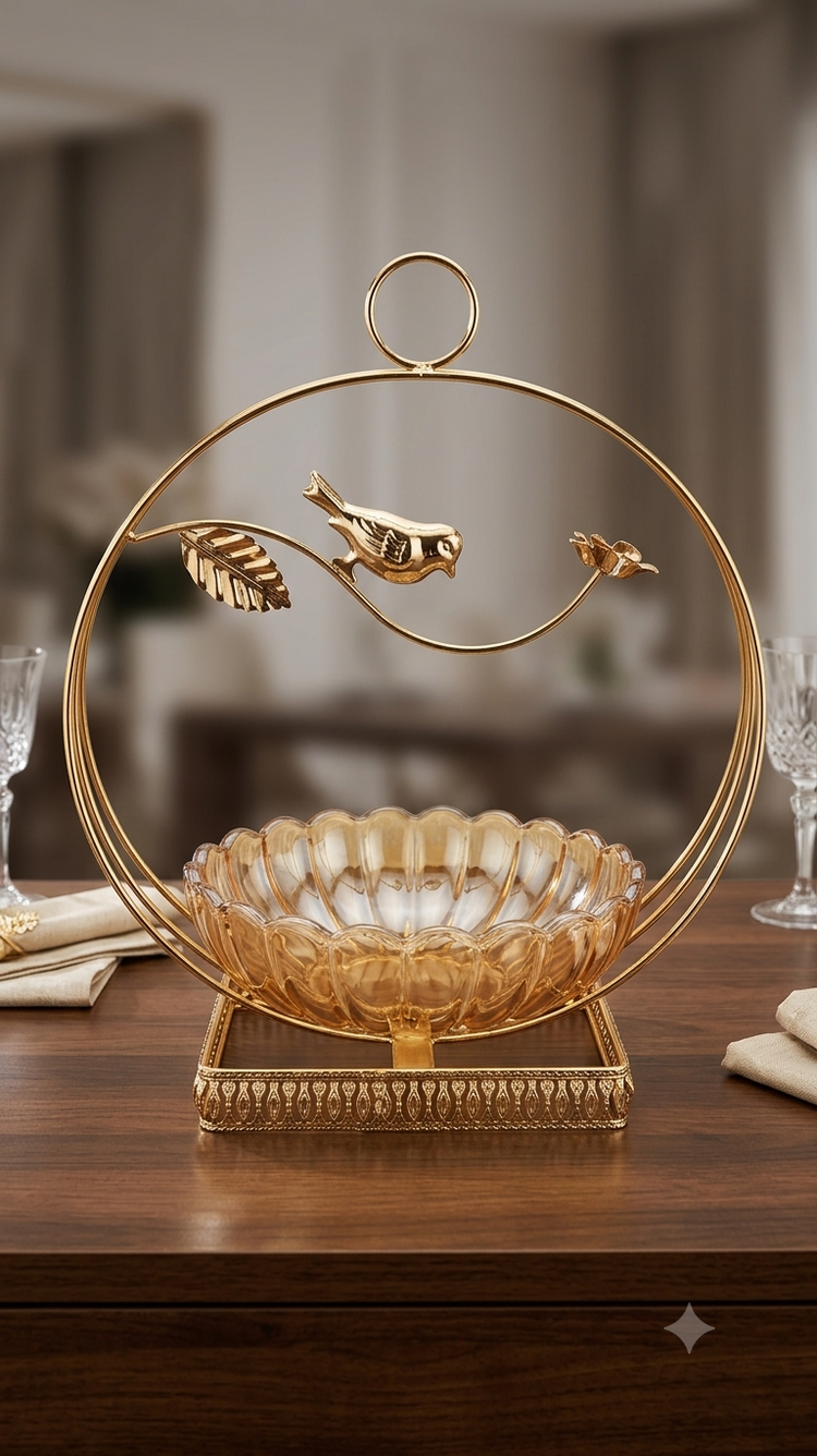 Luxury Golden Bird Dry Fruit Bowl with Crystal Glass Bowl | Decorative Candy, Chocolate & Nut Serving Bowl for Dining Table & Home Decor