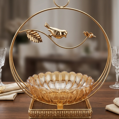 Luxury Golden Bird Dry Fruit Bowl with Crystal Glass Bowl | Decorative Candy, Chocolate & Nut Serving Bowl for Dining Table & Home Decor