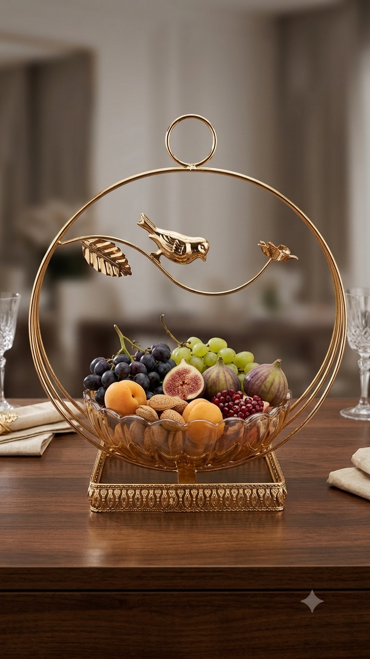 Luxury Golden Bird Dry Fruit Bowl with Crystal Glass Bowl | Decorative Candy, Chocolate & Nut Serving Bowl for Dining Table & Home Decor