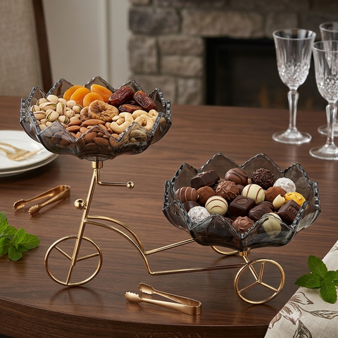 Luxury Bicycle Dry Fruit Serving Set with 2 Crystal Glass Bowls | Decorative Candy, Chocolate & Nut Bowl Stand for Dining Table & Home Decor