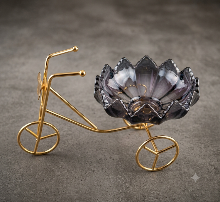 Luxury Golden Wheelbarrow Dry Fruit Bowl with Crystal Glass Bowl | Decorative Candy, Chocolate & Nut