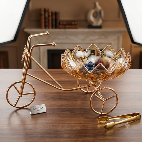 Luxury Golden Wheelbarrow Dry Fruit Bowl with Crystal Glass Bowl | Decorative Candy, Chocolate & Nut