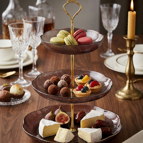 Luxury 3 Tier Crystal Glass Serving Stand with Gold Metal Handle | Premium Dessert, Fruit, Dry Fruit